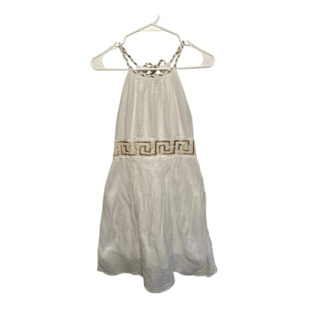 GR Gregory Made in Greece White 100% Cotton Mini Dress w/ Gold Greek Key Print S